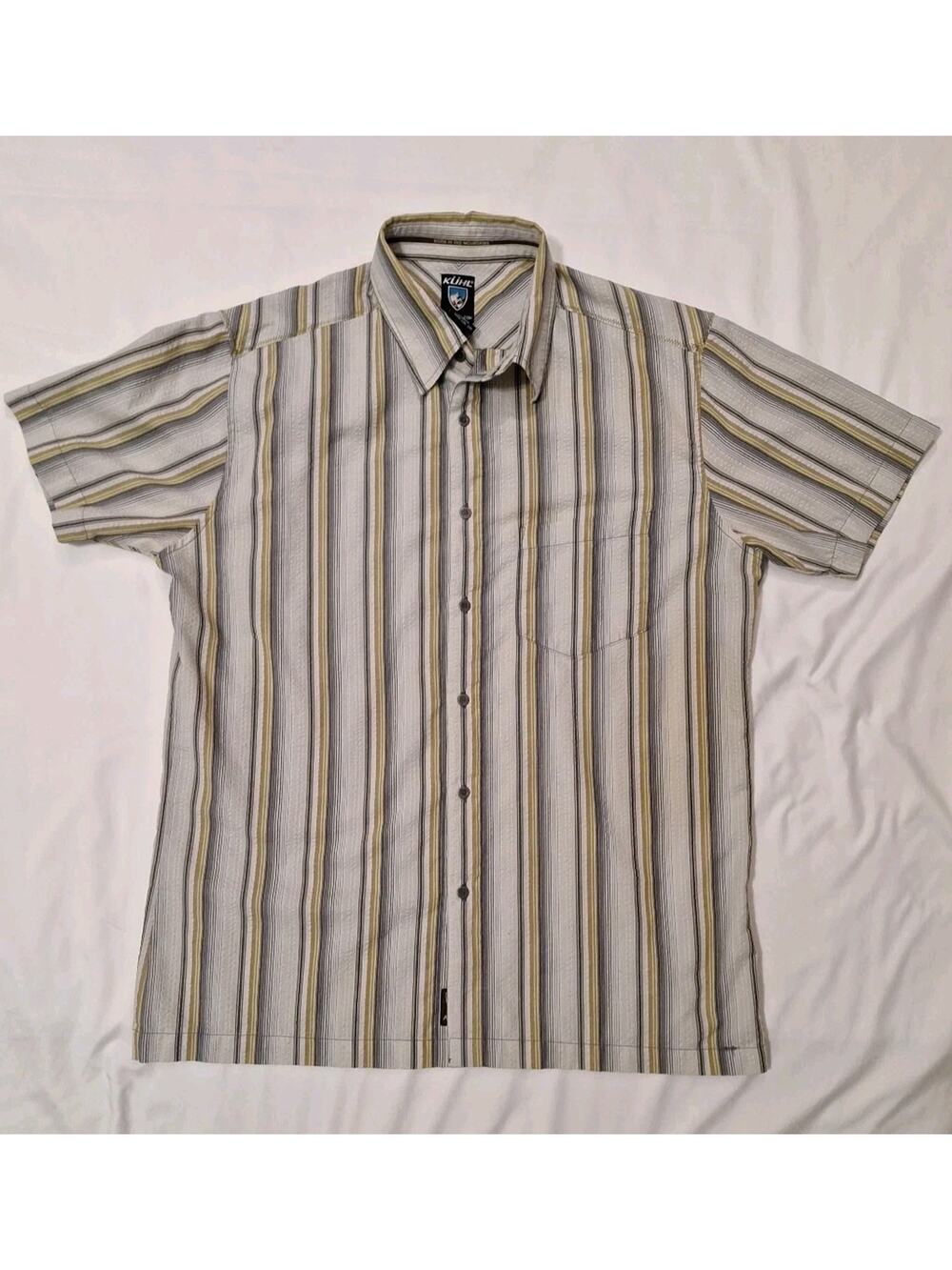 Kuhl Shirt Mens Large Beige Button Up Short Sleeve Striped Polyester Blend